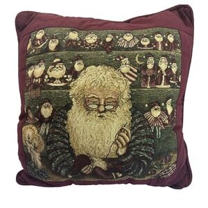 Vtg Holiday Tapestry Throw Pillow Christmas Decorations Santa Dolls Workshop 16"